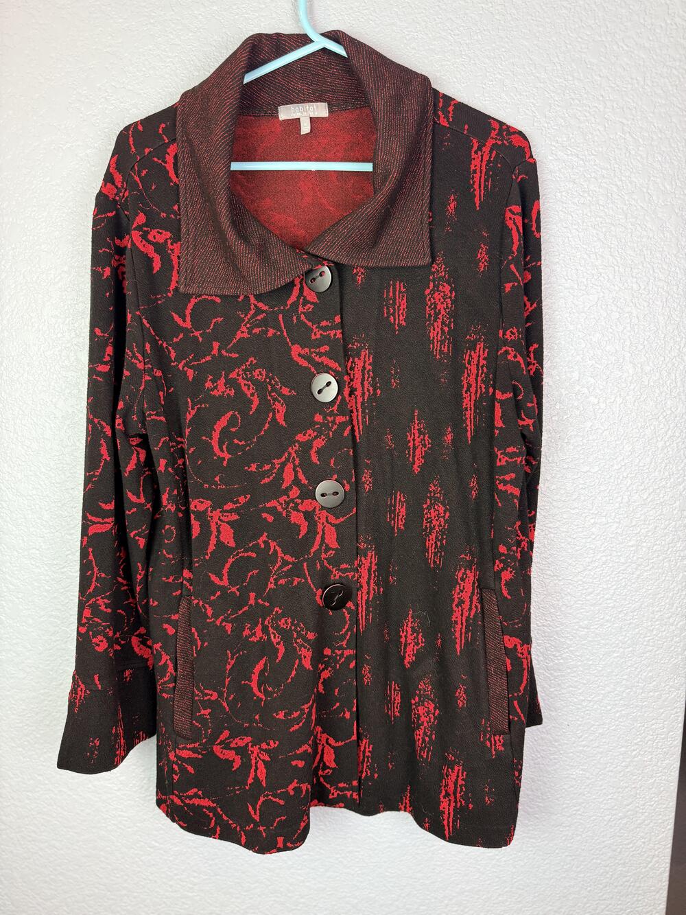 Habitat Jacket Womens Medium Black Red Floral Print Knit Button Front Pockets